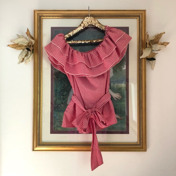 Large double ruffle off shoulder gingham top NWT L - Picture 1 of 5